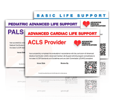 Three Advanced Medical Certification cards for Basic Life Support, Pediatric Advanced Life Support, and Advanced Cardiac Life Support, each with QR codes and provider information.