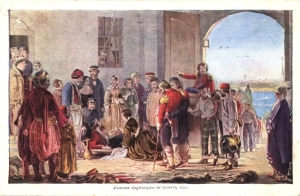 A group of people, including Florence Nightingale, tending to wounded soldiers at a makeshift hospital in Scutari during the Crimean War, with others observing nearby.