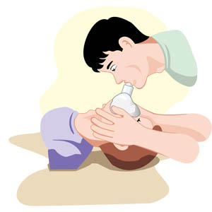 Illustration of a person performing rescue breathing with a mask on a child lying on the ground.