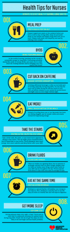 infographic describing eight things nurses can do to stay healthy