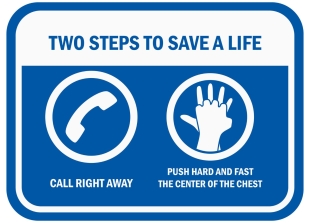 Infographic showing two steps to save a life: call right away and push hard and fast in the center of the chest, with icons of a phone and hands performing chest compressions.